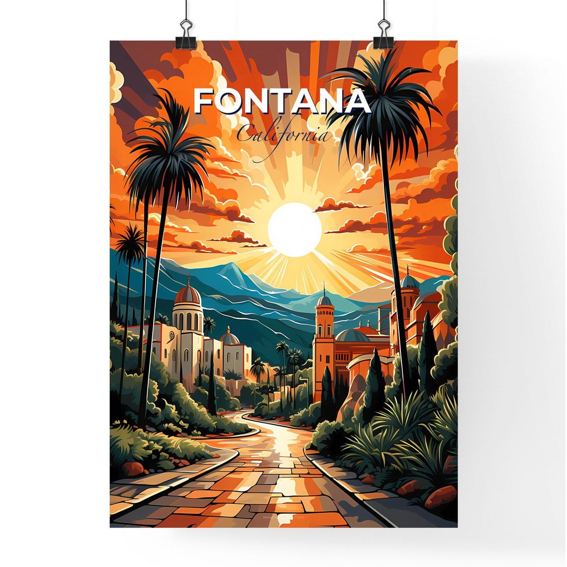 Fontana California Sunburst Sunrise Palm Mission Style Poster - Image 4