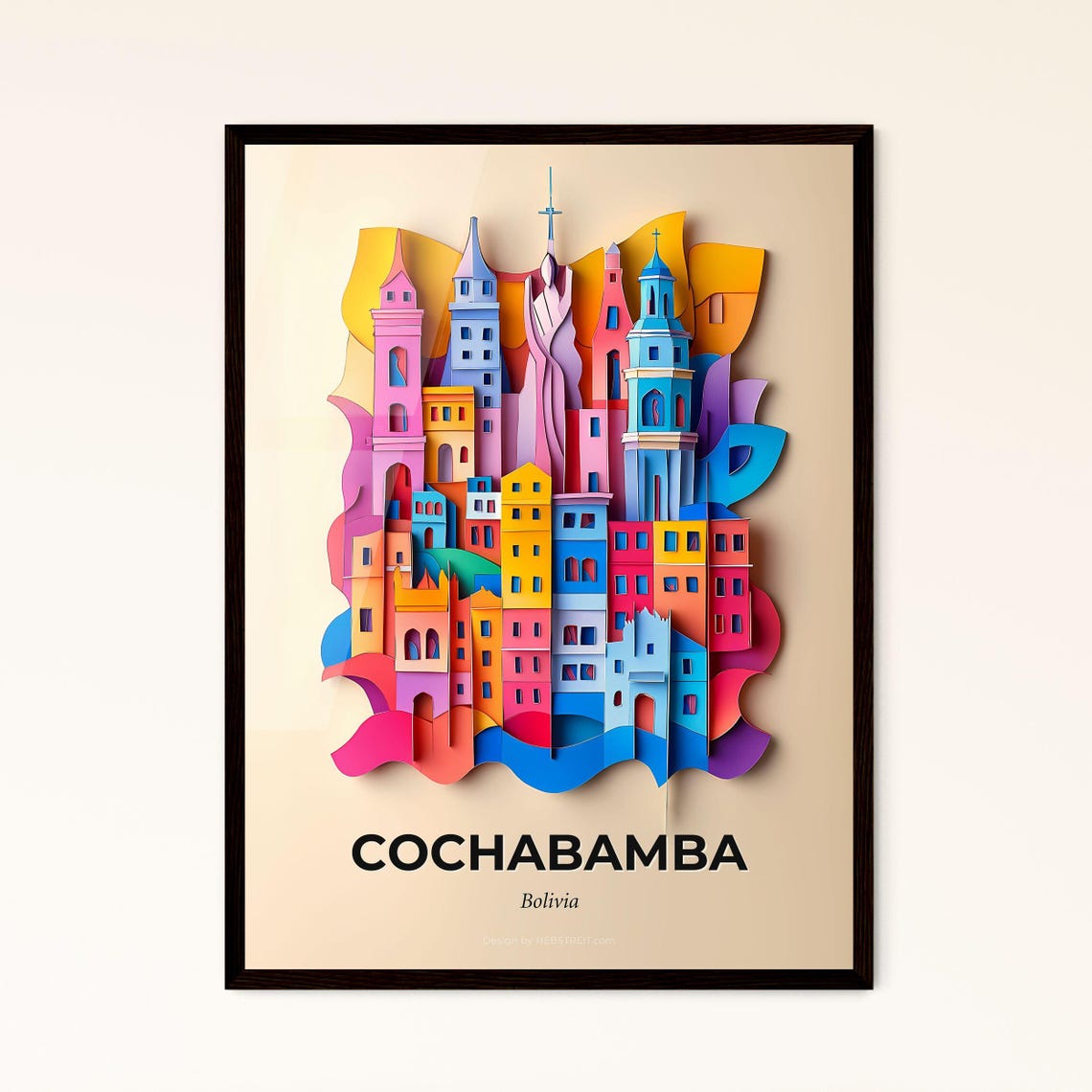 Cochabamba Bolivia Colorful Paper Cut Church Towers Scene Poster