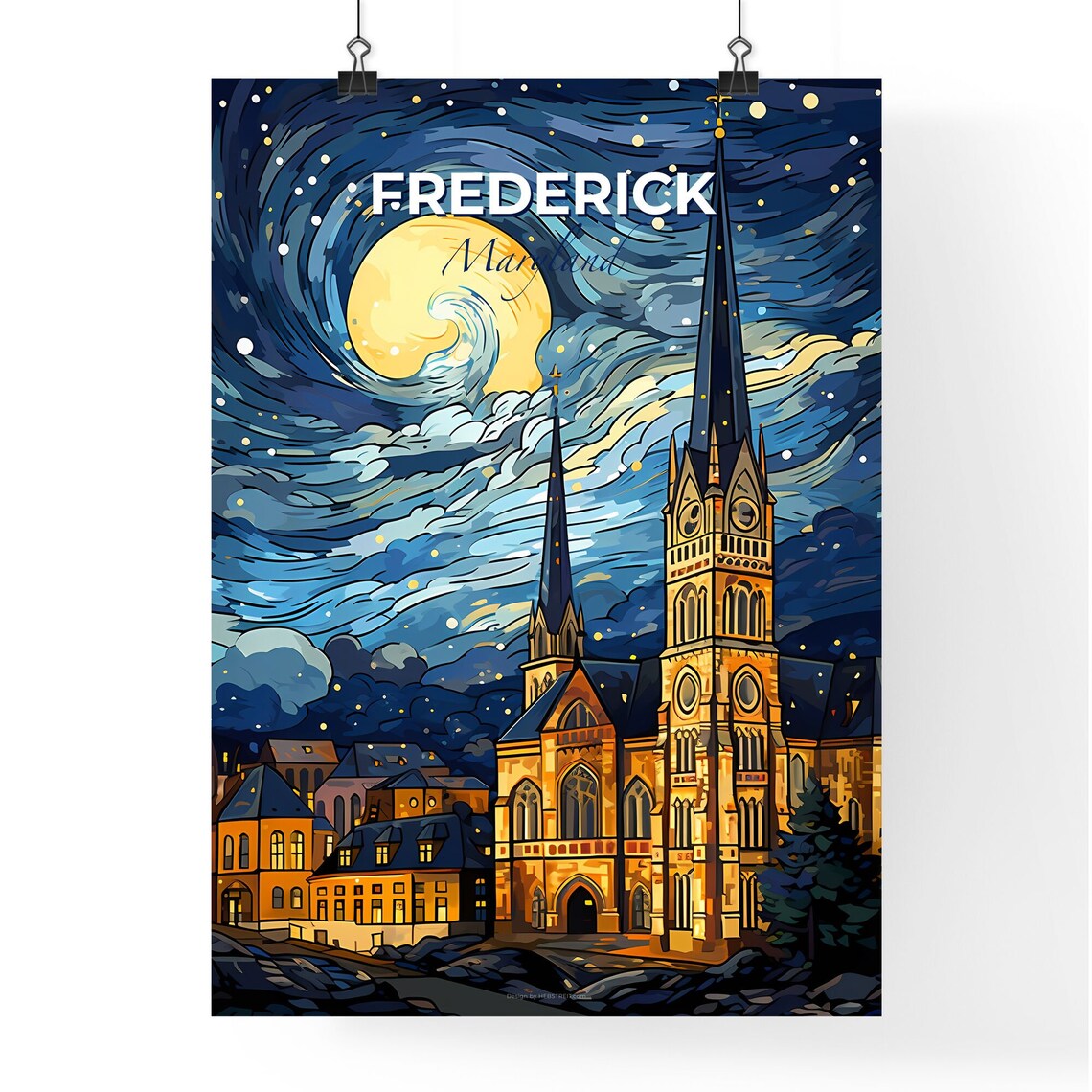 Frederick Maryland Starry Night Church Skyline Vintage Travel Poster - Image 4