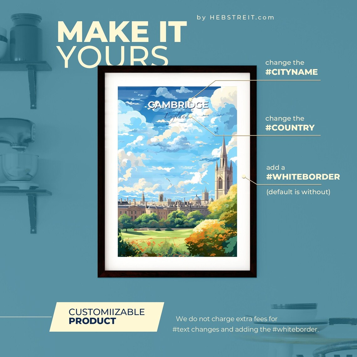 Cambridge England University Buildings Historic Spire Meadow Travel Poster - Image 2