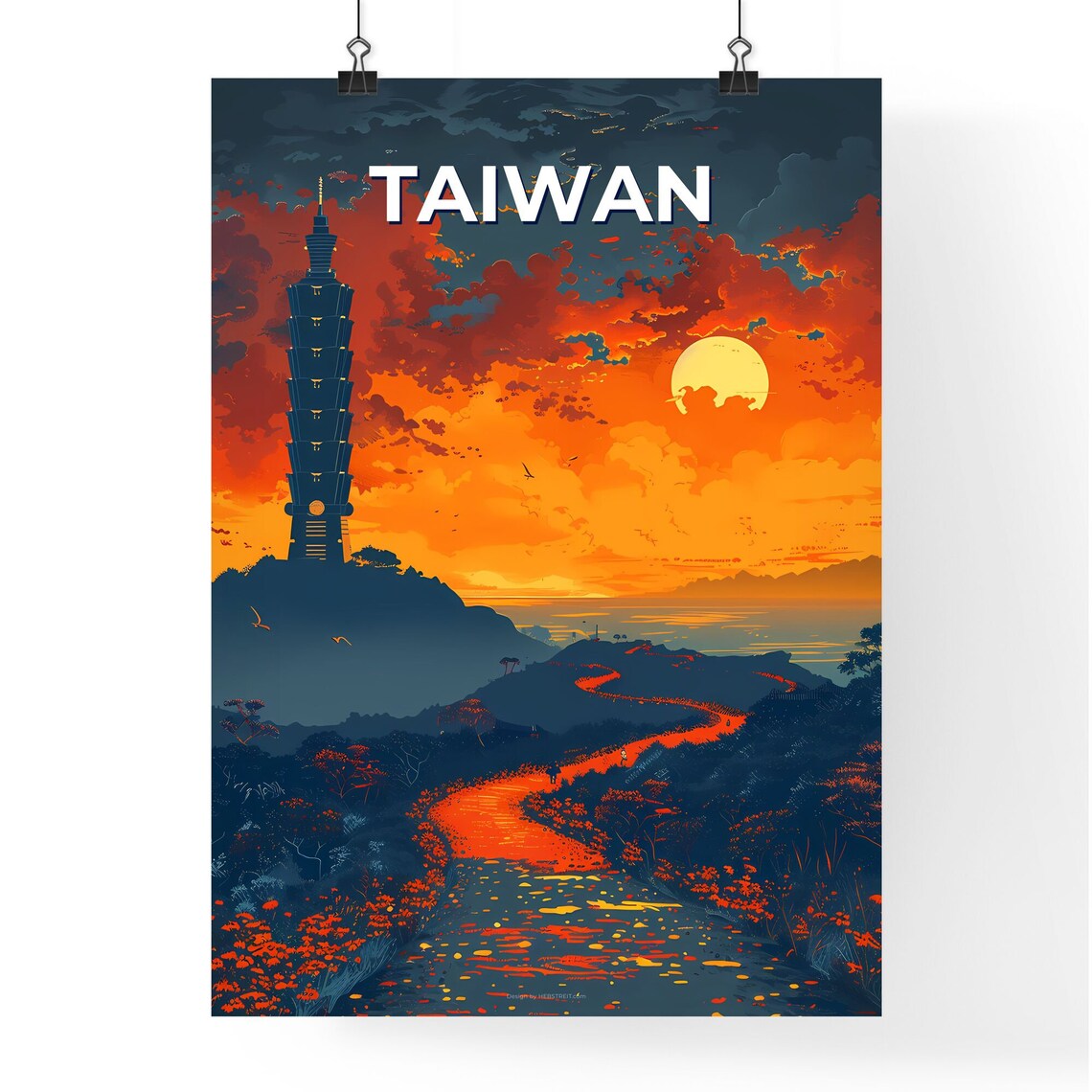 Taiwan Taipei 101 Tower Sunset River Fiery Sky Vintage Travel Poster - Image 4