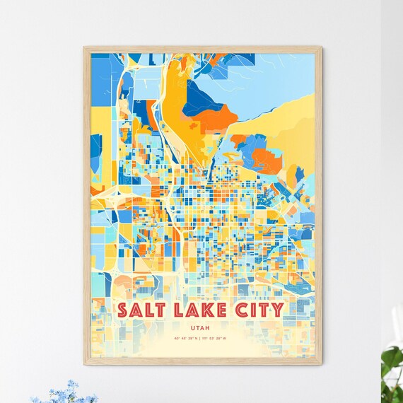 Salt Lake City Utah Blue Orange Modern Map Art Poster for Home