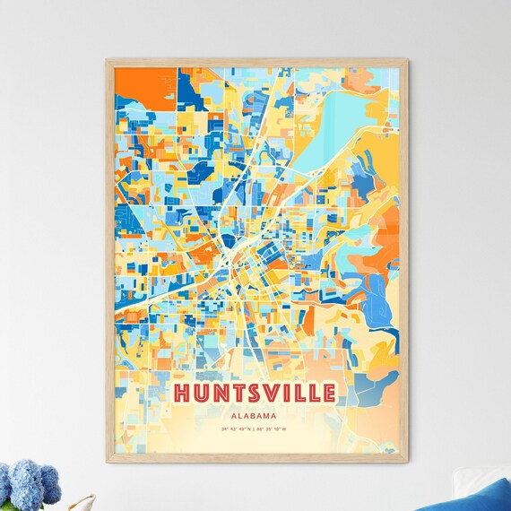 Huntsville Alabama Colorful Modern Blue Orange City Map Art Poster