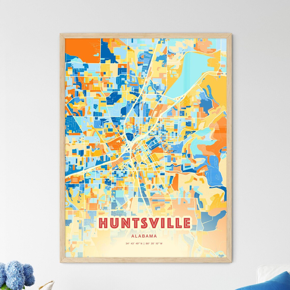 Huntsville Alabama Colorful Modern Blue Orange City Map Art Poster