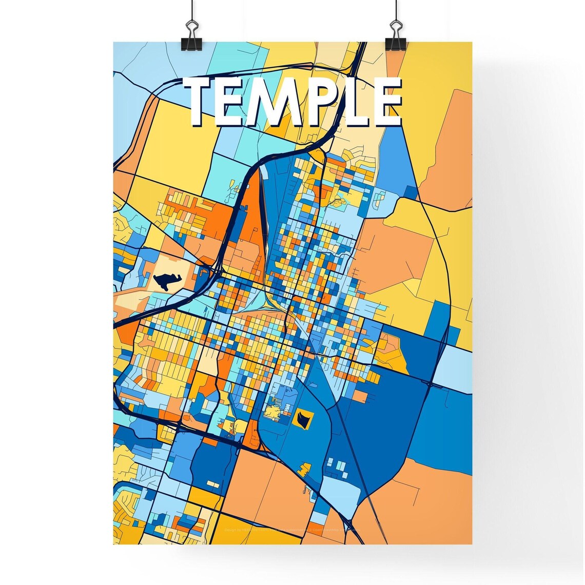 Vibrant Colorful City Map Art of Temple Texas Poster for Home - Image 4