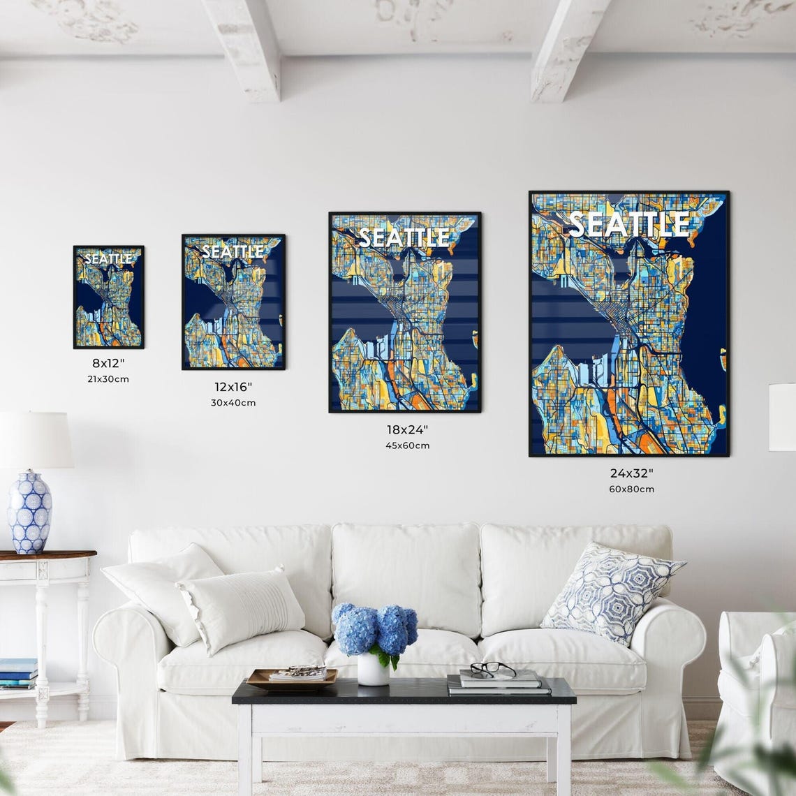 Seattle City Map Poster in Blue and Orange on Navy Background - Image 3