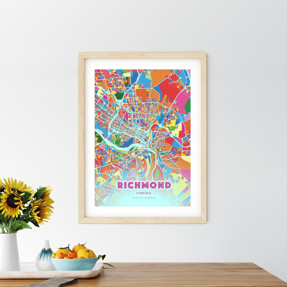 Richmond Virginia Colorful City Map Art Poster in Pink and Turquoise - Image 2