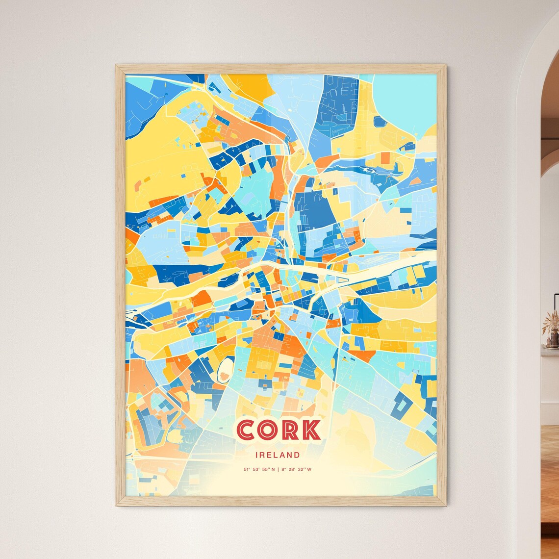 Cork Ireland Modern Geometric Blue Orange City Map Art Poster