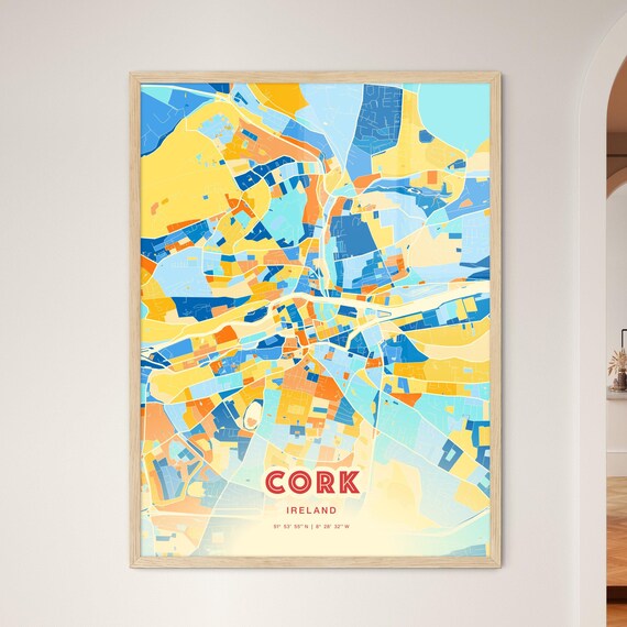 Cork Ireland Modern Geometric Blue Orange City Map Art Poster