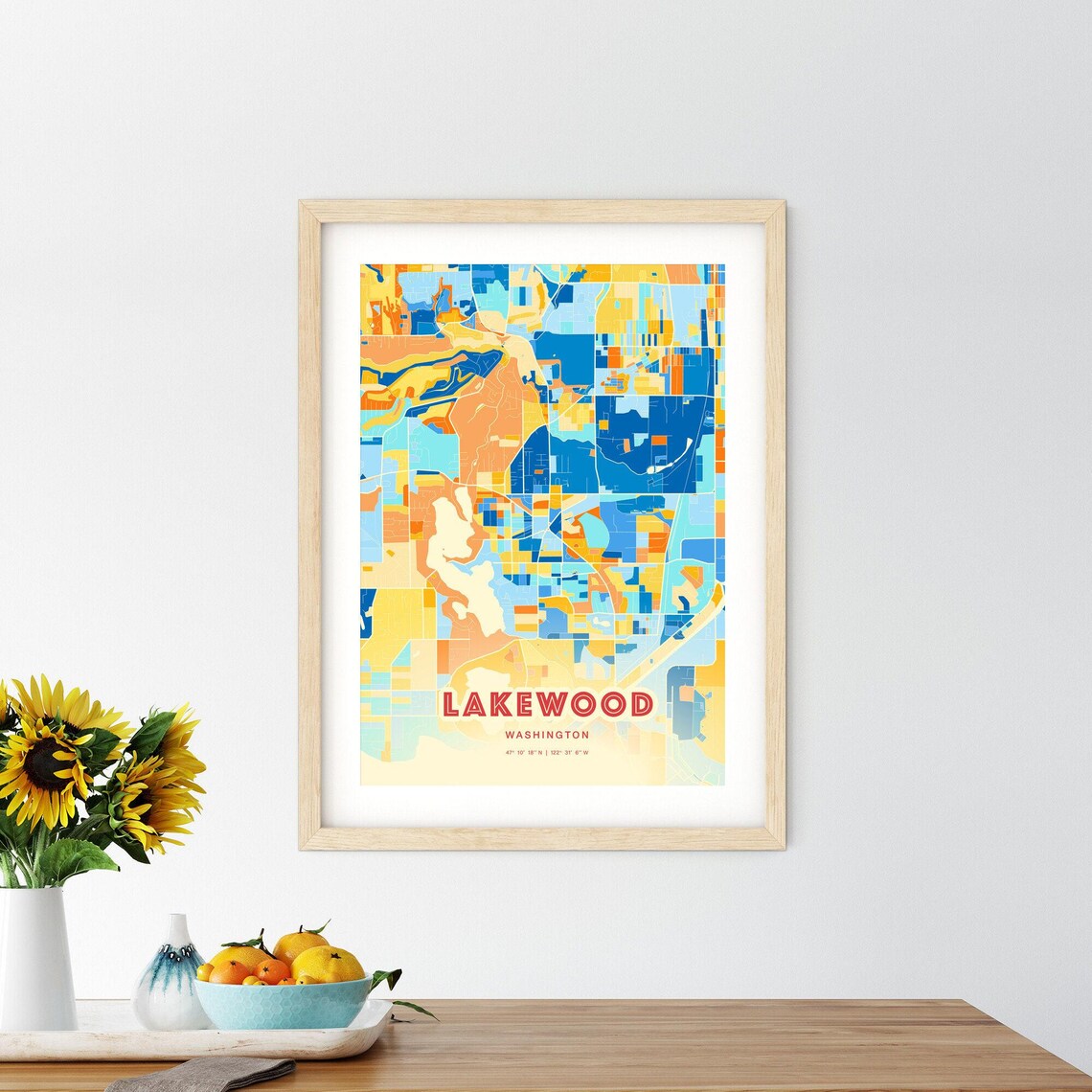 Lakewood Washington Colorful Blue and Orange Retro City Street Map Wall Art - Image 2