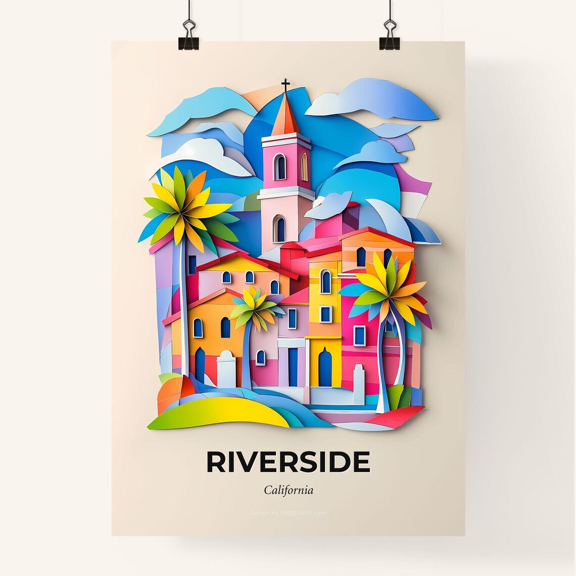 Riverside California Colorful 3D Paper Cut Cityscape Art Poster - Image 4