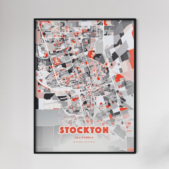 Stockton California Expressive Red Bold Modern City Map Art Poster