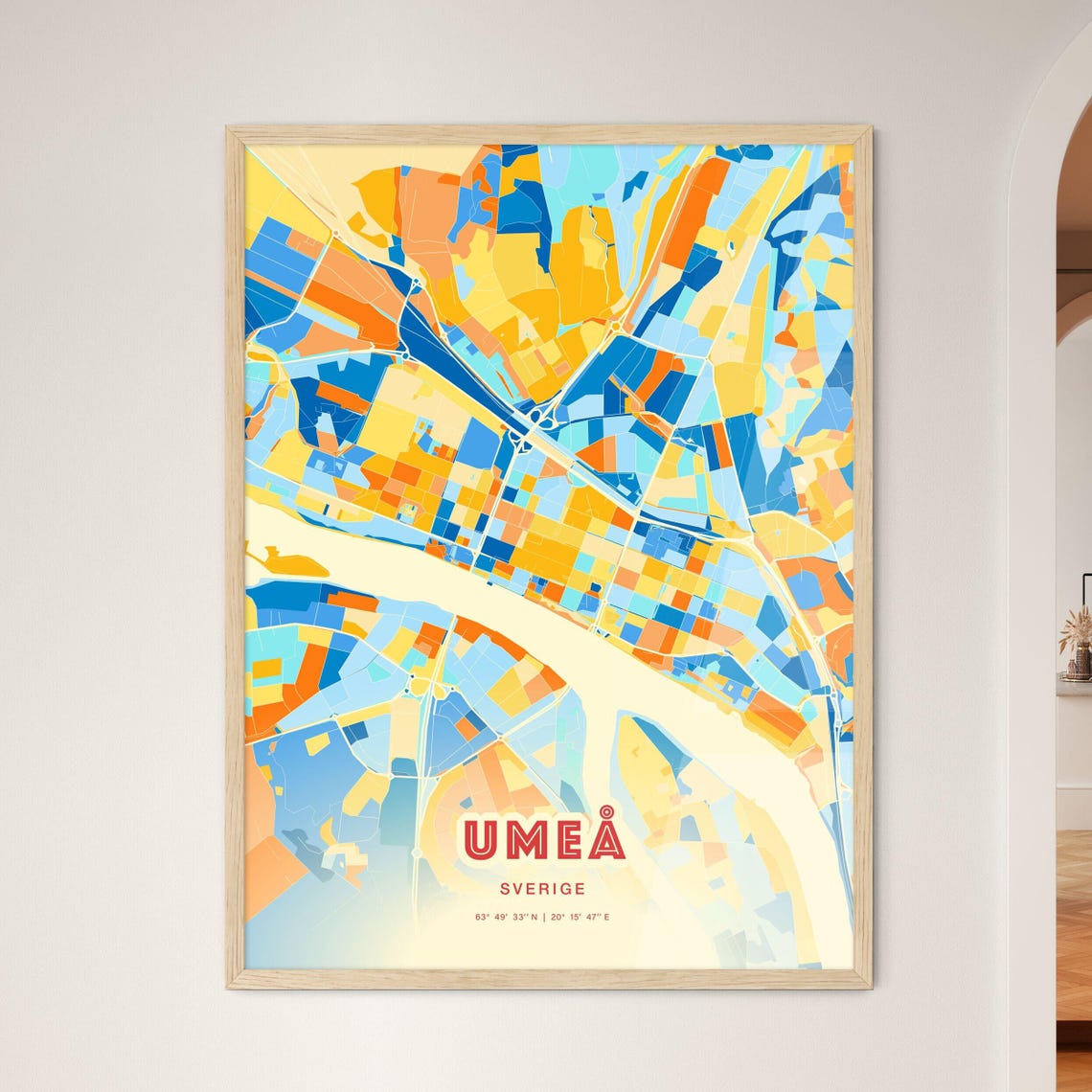 Umea Sweden Blue Orange Colorful City Map Art Poster With Coordinates