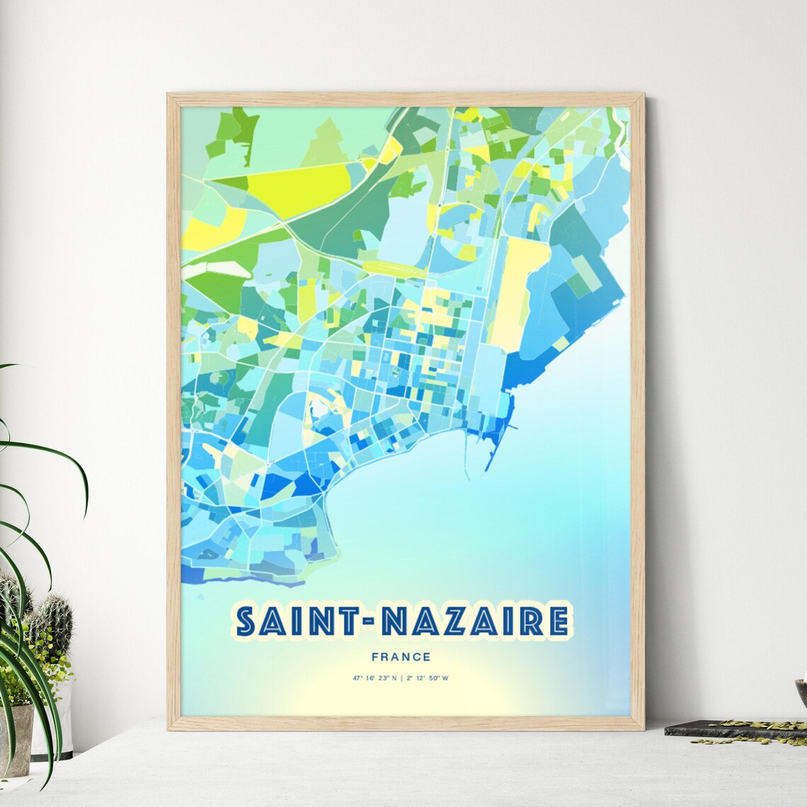 Saint-Nazaire France Custom Blue Green City Map Art Poster Gift