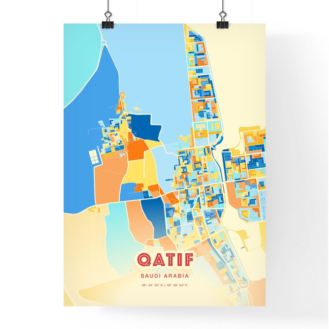 Qatif Saudi Arabia Colorful Blue Orange Modern City Street Map Poster - Image 3