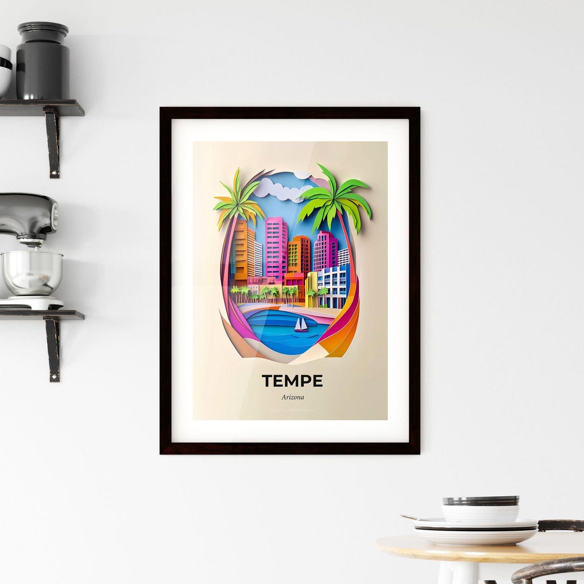 Tempe Arizona Sunny Palm Trees Lake Colorful Paper Cut Poster - Image 2