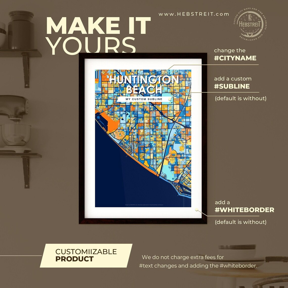 Huntington Beach California Vibrant Colorful Geometric Street Grid City Map Art Poster - Image 2