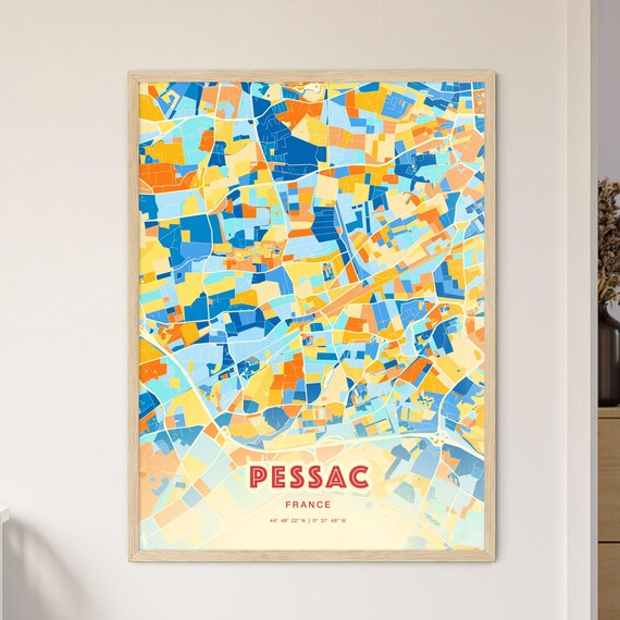 Pessac France Colorful Blue and Orange Retro City Street Map Wall Art