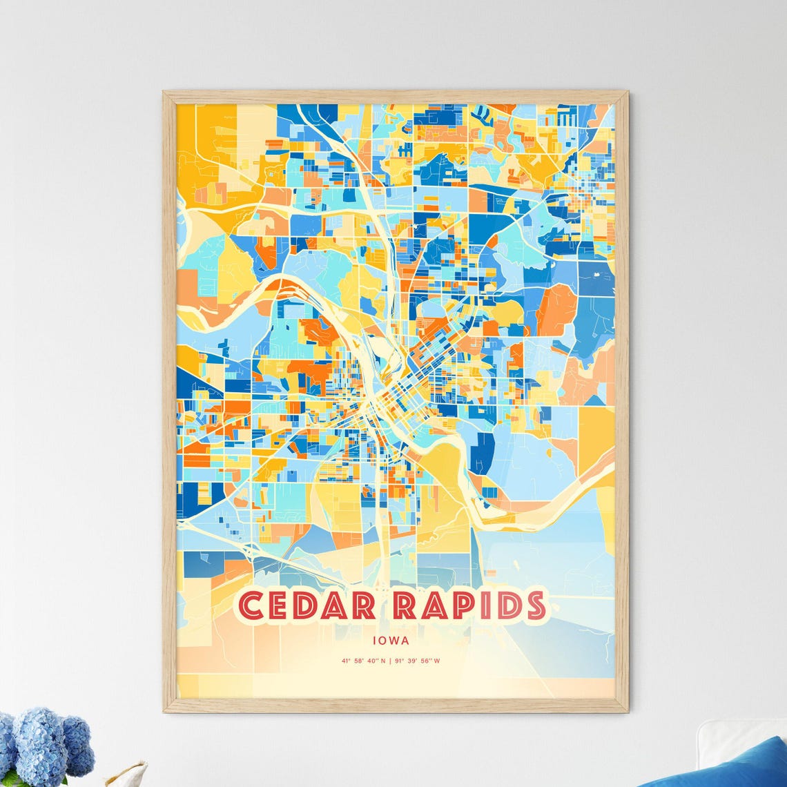 Cedar Rapids Iowa Modern Geometric Blue Orange City Map Art Poster