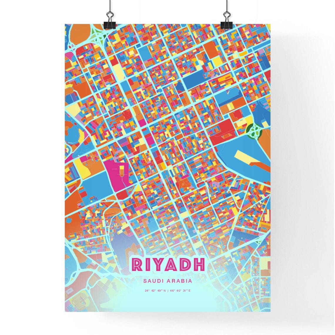 Riyadh Saudi Arabia Colorful City Map Art Poster in Pink and Turquoise - Image 3