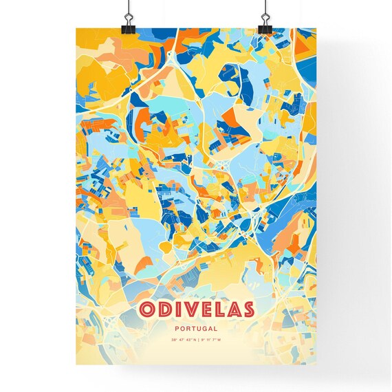 Odivelas Portugal Colorful Blue and Orange Retro City Street Map Wall Art