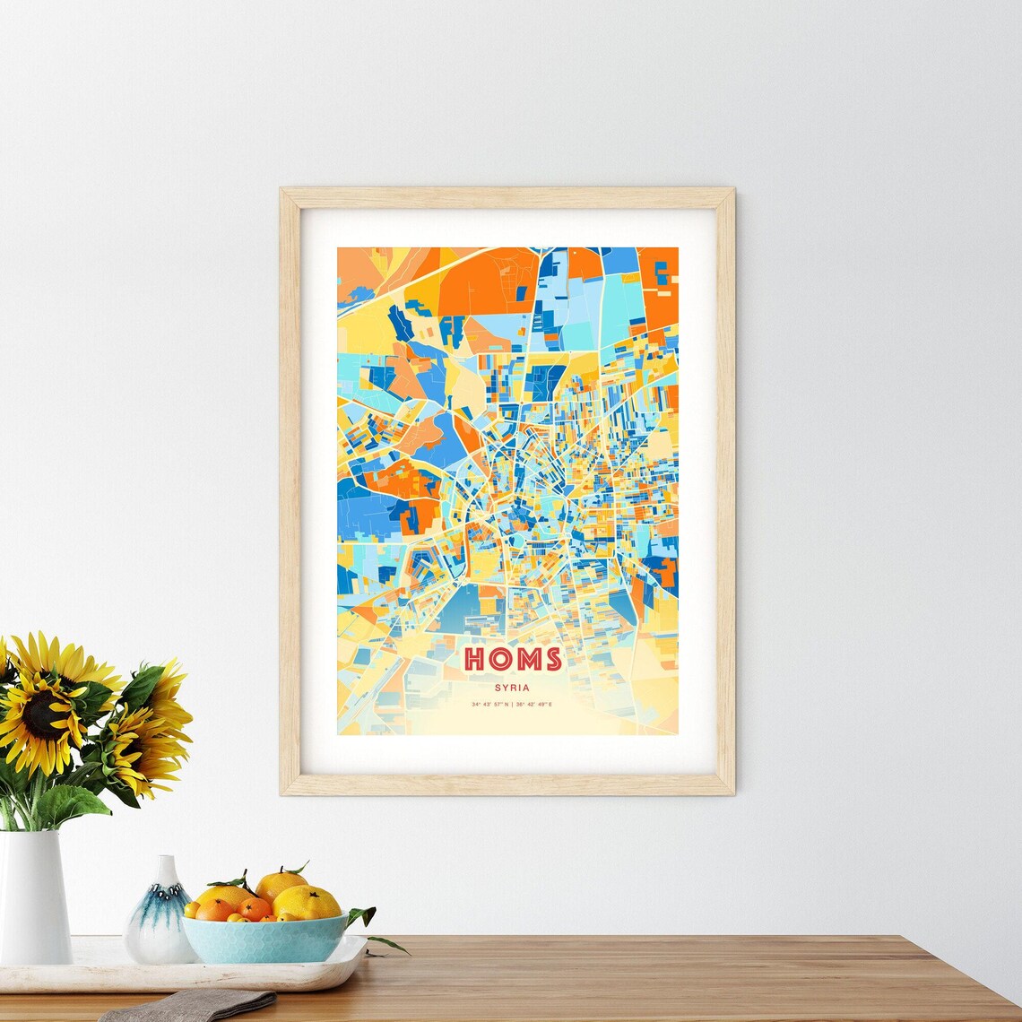 Homs Syria Colorful Blue and Orange City Street Map Art Poster - Image 2