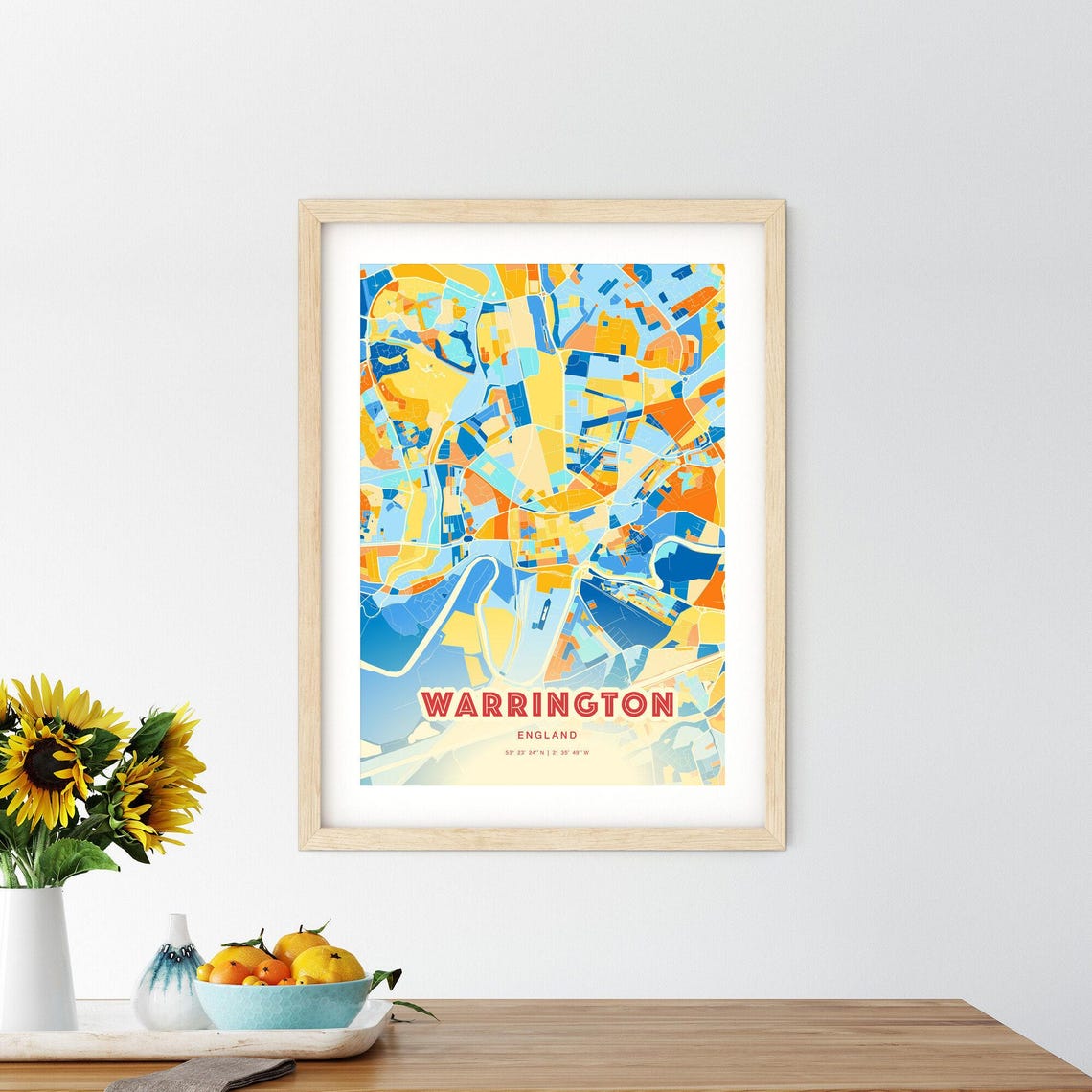 Warrington England Colorful Blue Orange City Street Map Art Poster - Image 2