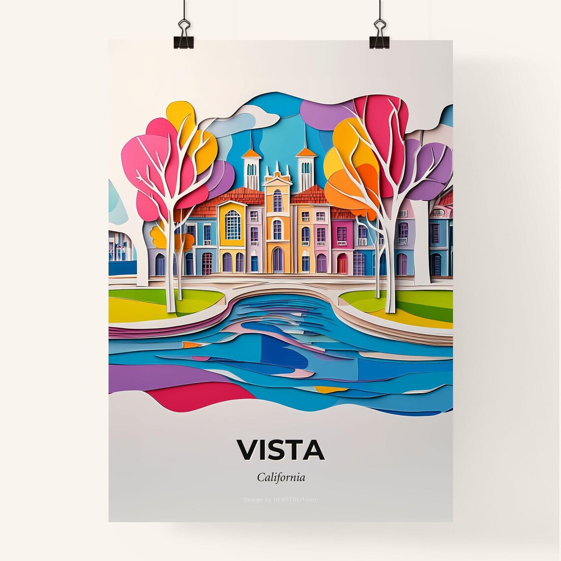 Vista California Mission River Colorful Paper Cut Art Poster - Image 4