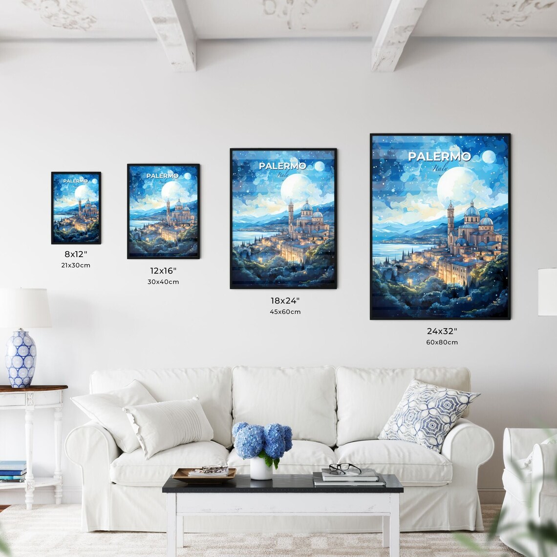 Palermo Italy Moonlit Cathedral Domes Mountain Night Sky Travel Poster - Image 3