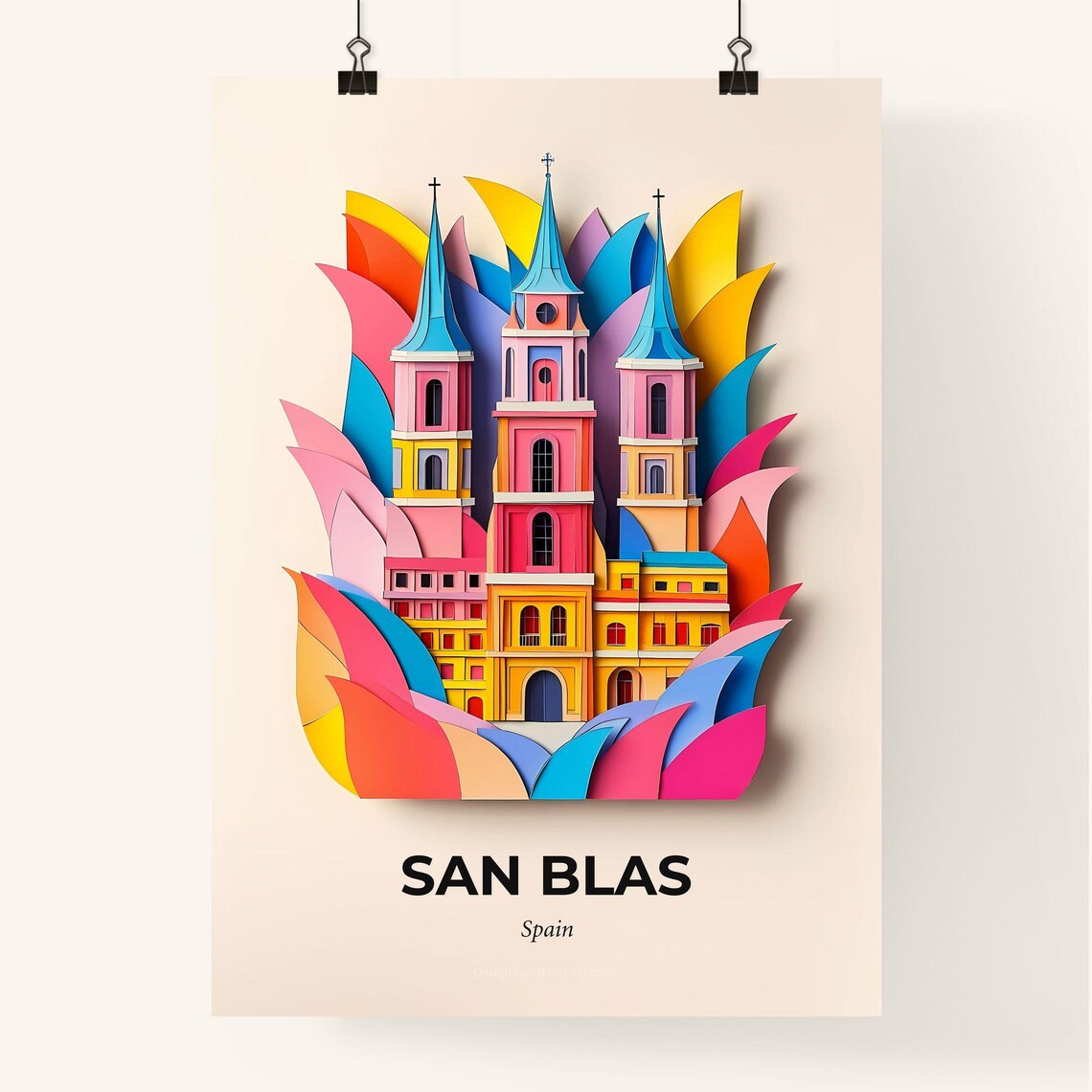San Blas Spain Paper Cut Church Towers Colorful Travel Poster - Image 4