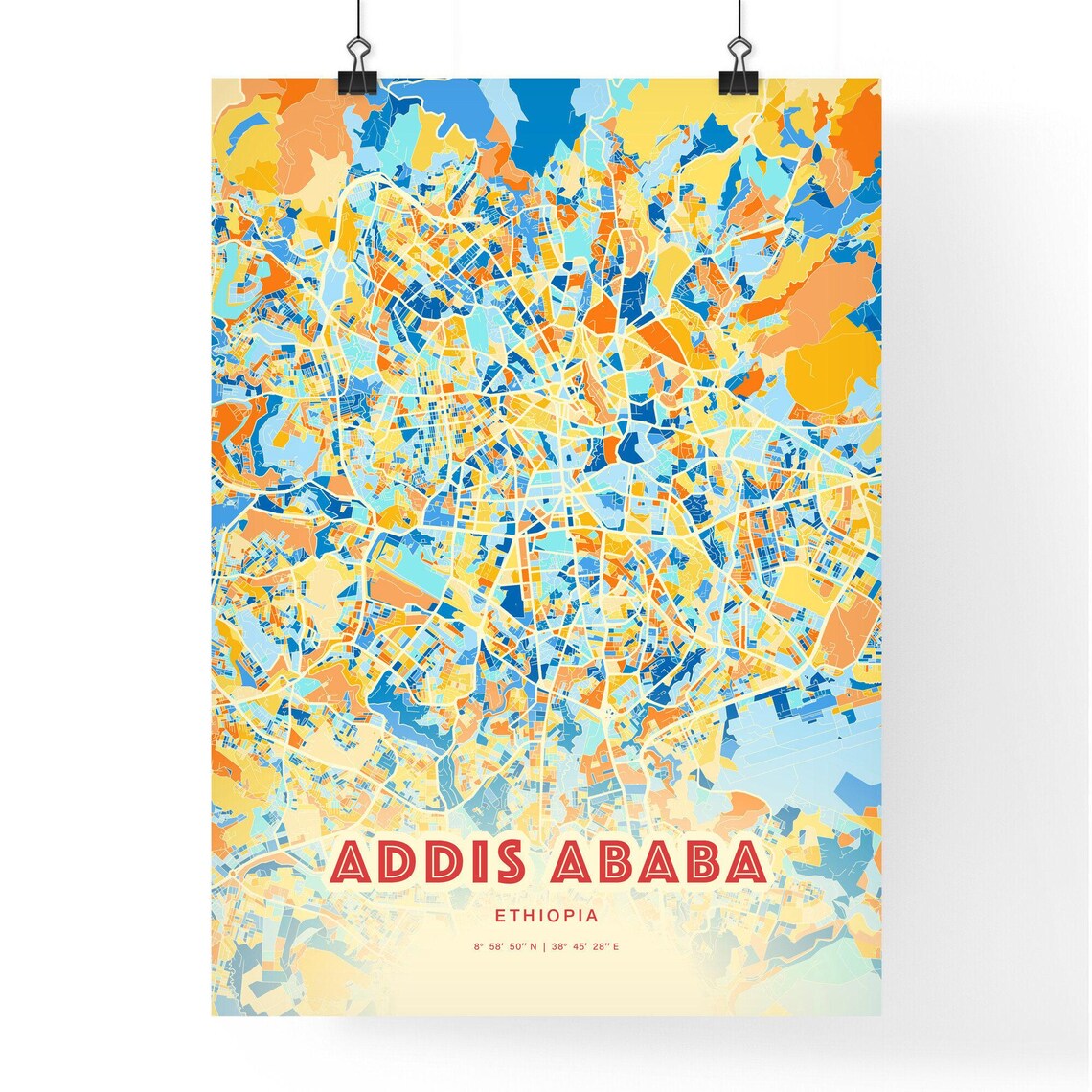 Addis Ababa Ethiopia Colorful Blue Orange City Map Art Poster with Coordinates - Image 3