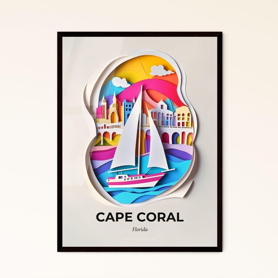 Vivid Cape Coral Florida A Paper Cut Of A Boat In The Water Fine Art Print Customizable