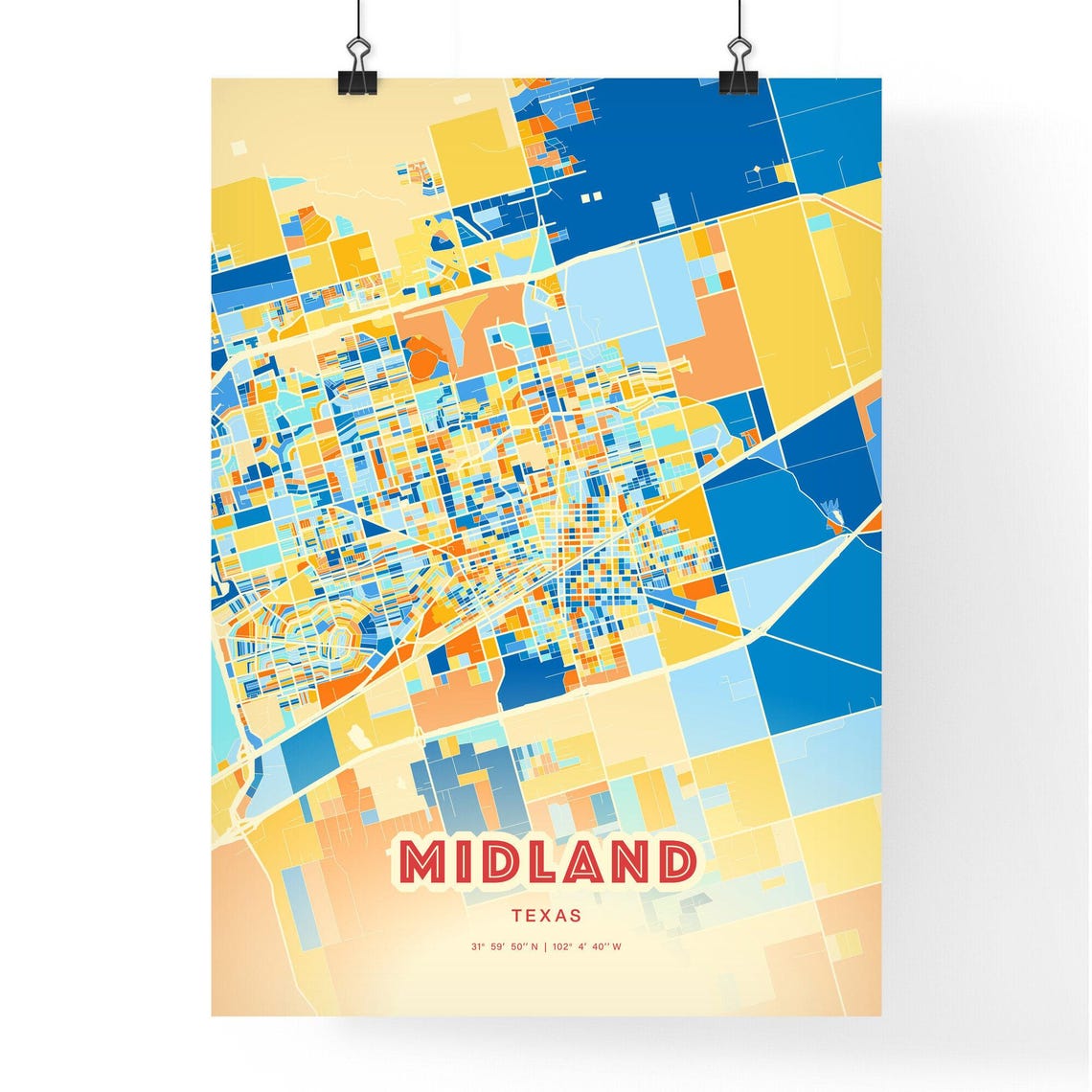 Midland Texas Vibrant Colorful City Map Art Coordinates Poster - Image 3