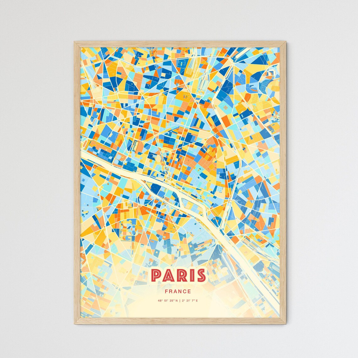 Paris France Colorful Blue and Orange City Street Map Art Poster