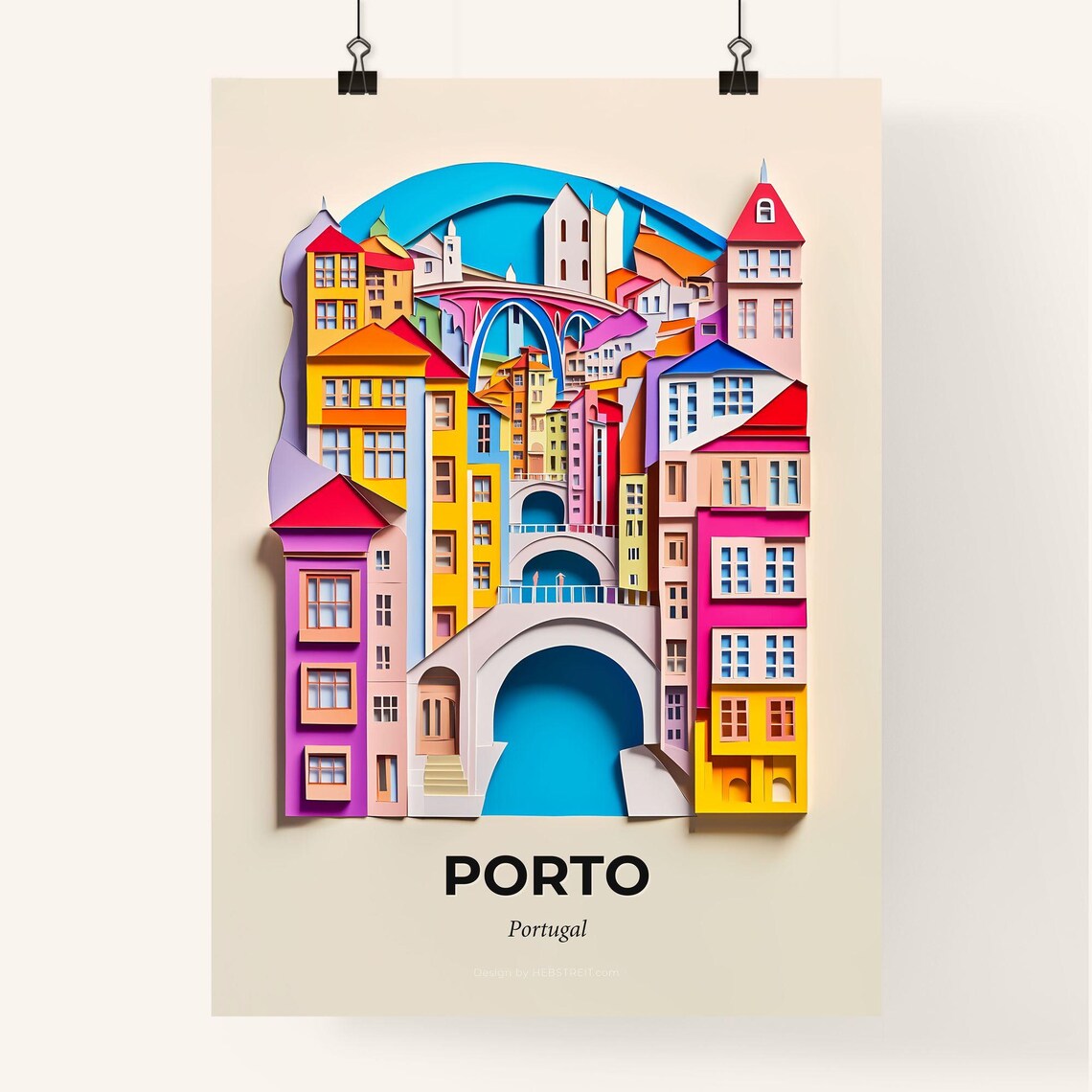 Porto Portugal Riverside Bridge Colorful Houses Paper Cut Poster - Image 4
