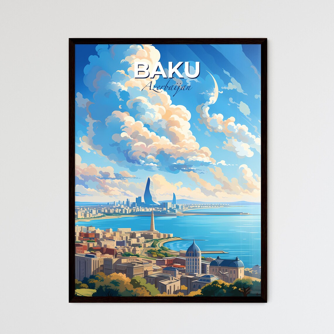 Baku Azerbaijan Caspian Waterfront Skyline Travel Art Poster