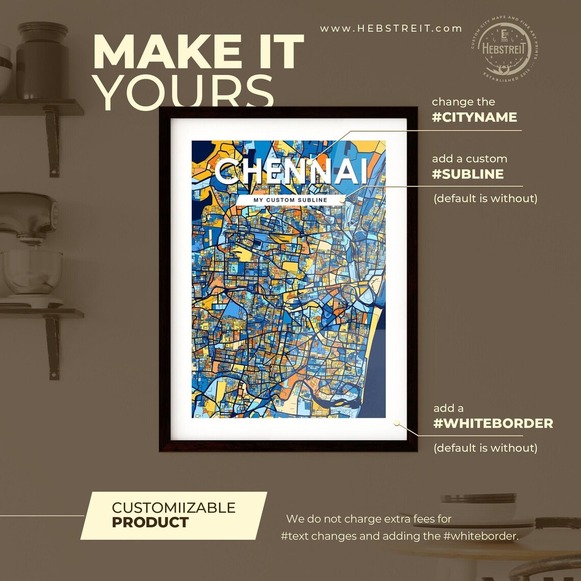 Chennai India Bold Colorful Blue Orange Fine Art City Map Poster - Image 2