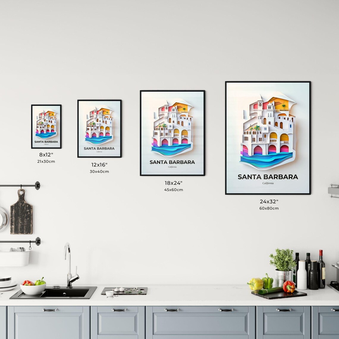 Santa Barbara California Paper Cut Mission Architecture Travel Poster - Image 3