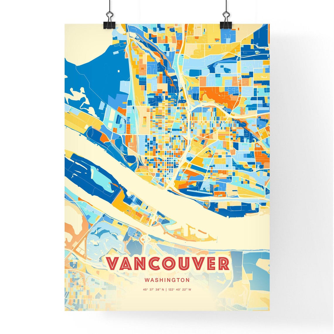 Vancouver Washington Vibrant Blue Orange City Map Art Poster - Image 3