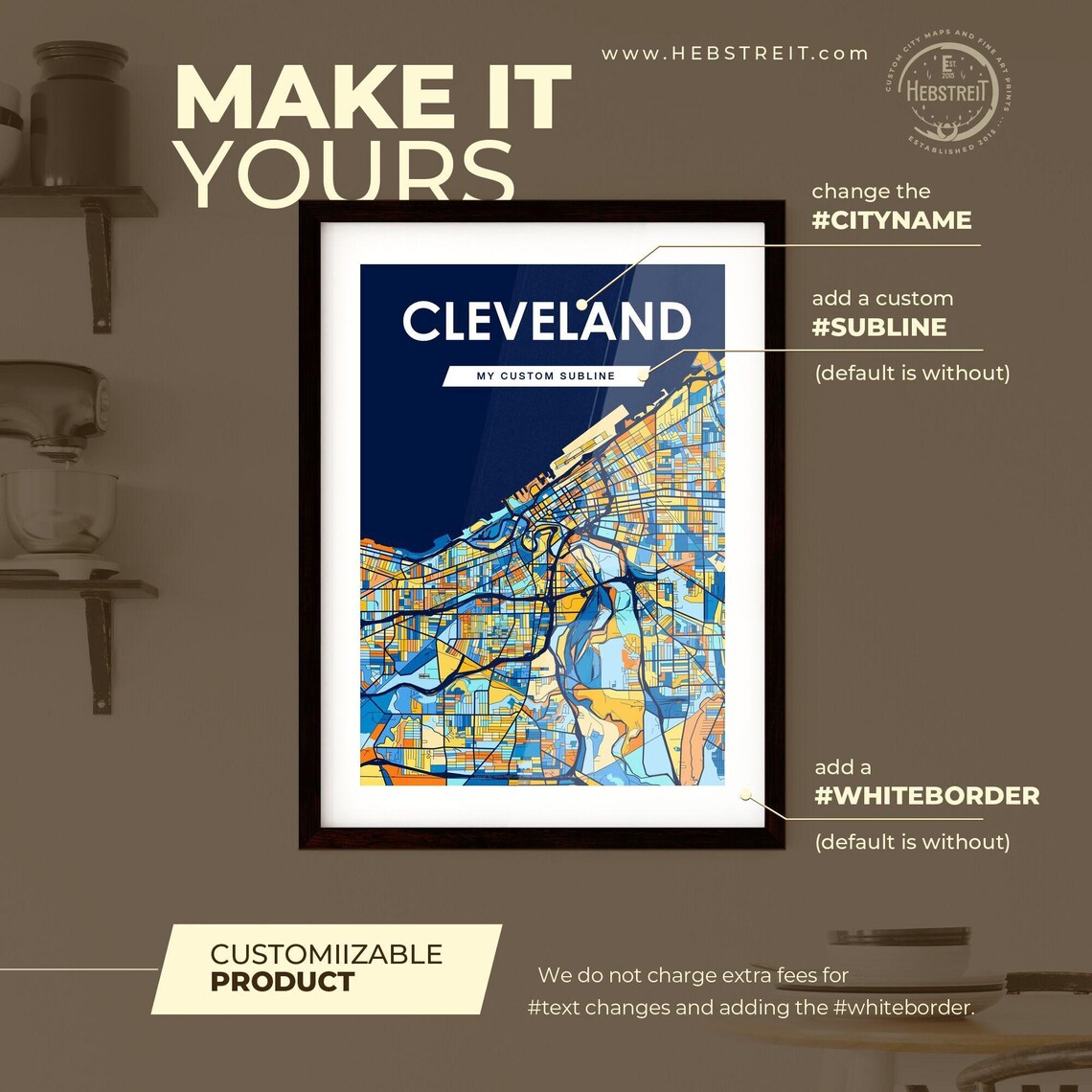 Cleveland Ohio Colorful Blue and Yellow Mosaic City Map Poster - Image 2