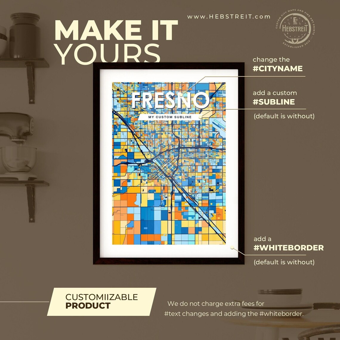 Fresno California Vibrant Colorful Geometric Street Grid City Map Art Poster - Image 2
