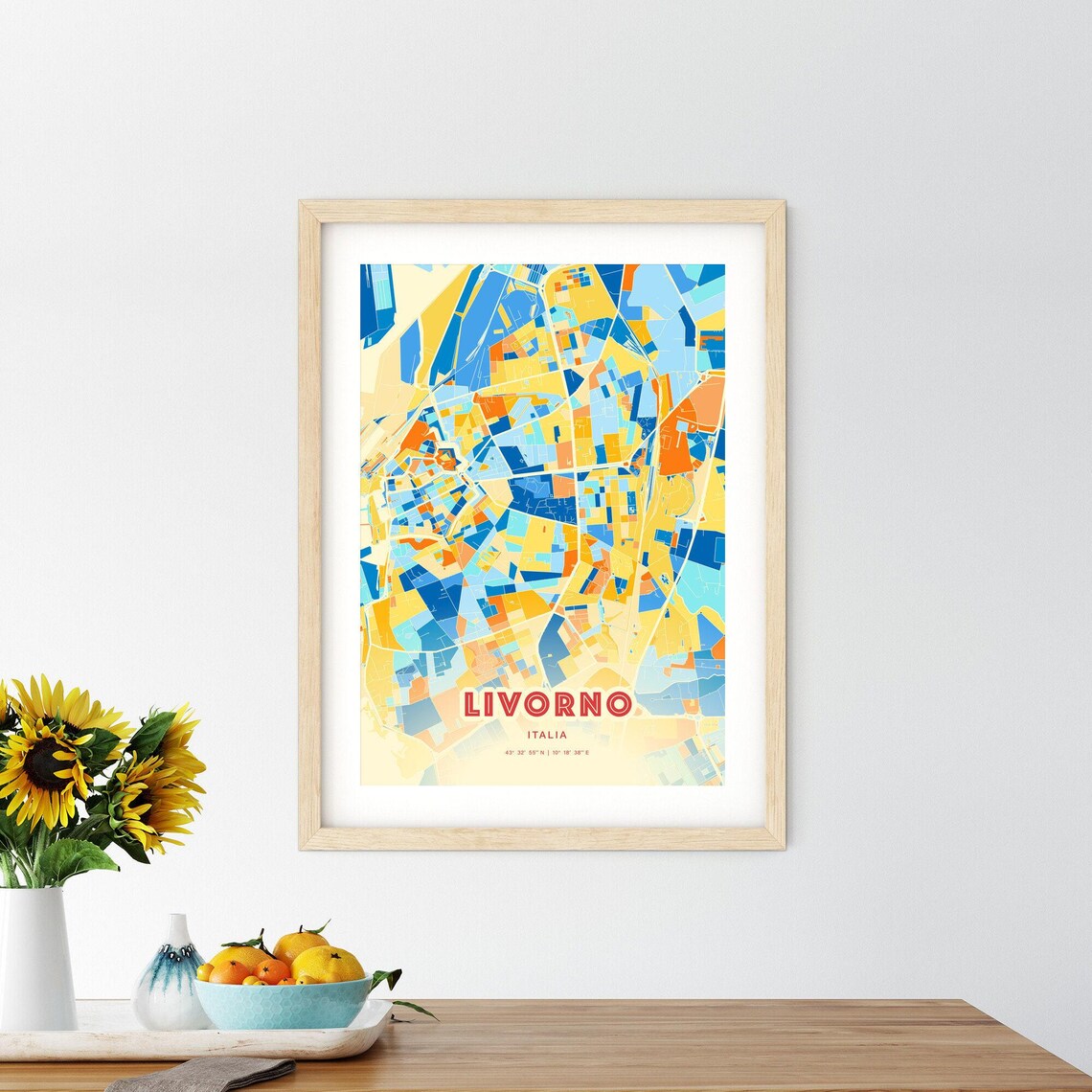 Modern Blue and Orange City Street Map Art Poster of Livorno Italy - Image 2