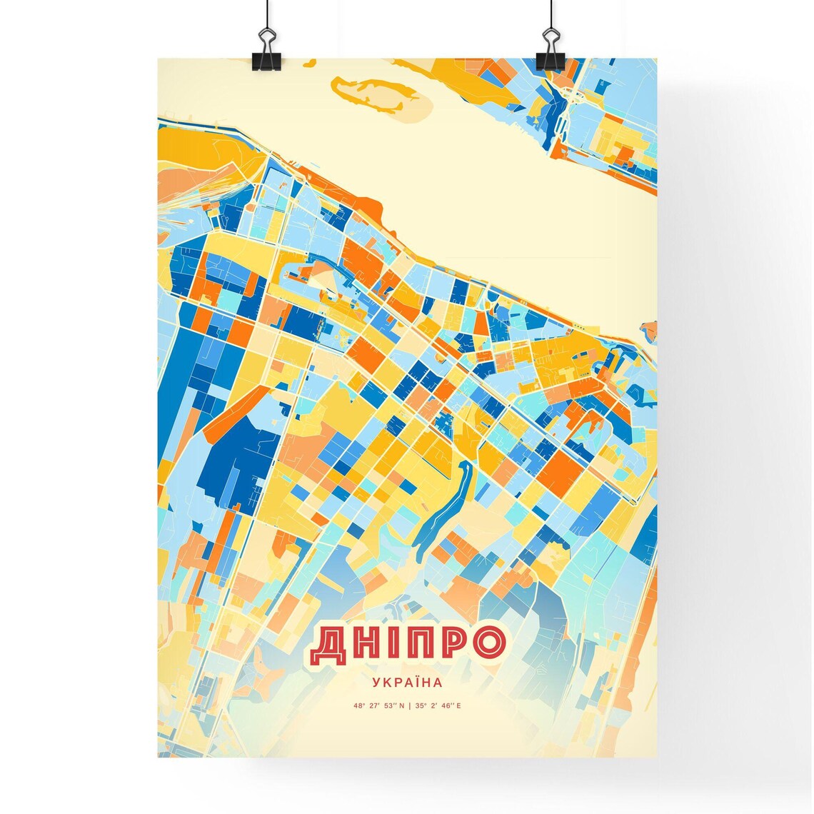 Dnipro Ukraine Blue Orange Colorful City Map Art Poster With Coordinates - Image 3