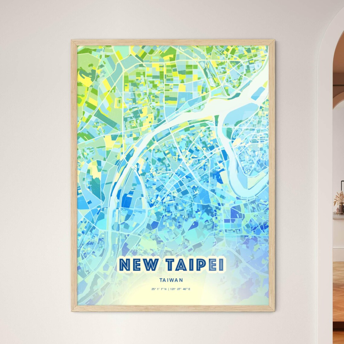 Bluish Street Map Art City Poster of New Taipei in Taiwan Blue Green