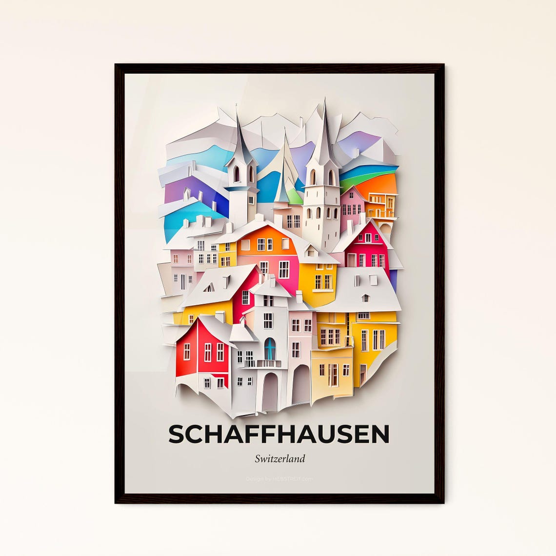 Schaffhausen Switzerland Alpine Town Churches Paper Cut Art Poster
