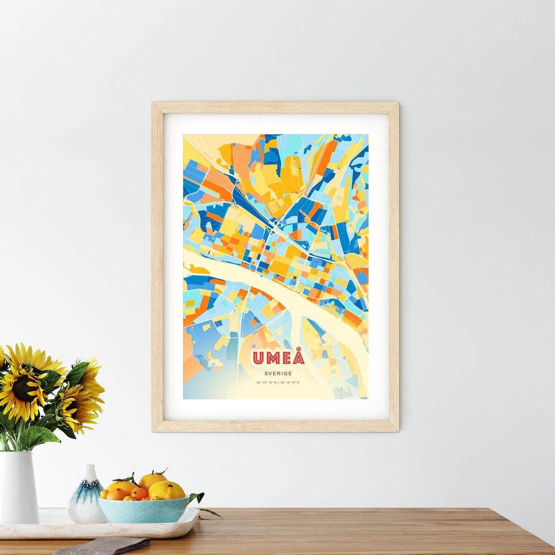 Umea Sweden Blue Orange Colorful City Map Art Poster With Coordinates - Image 2