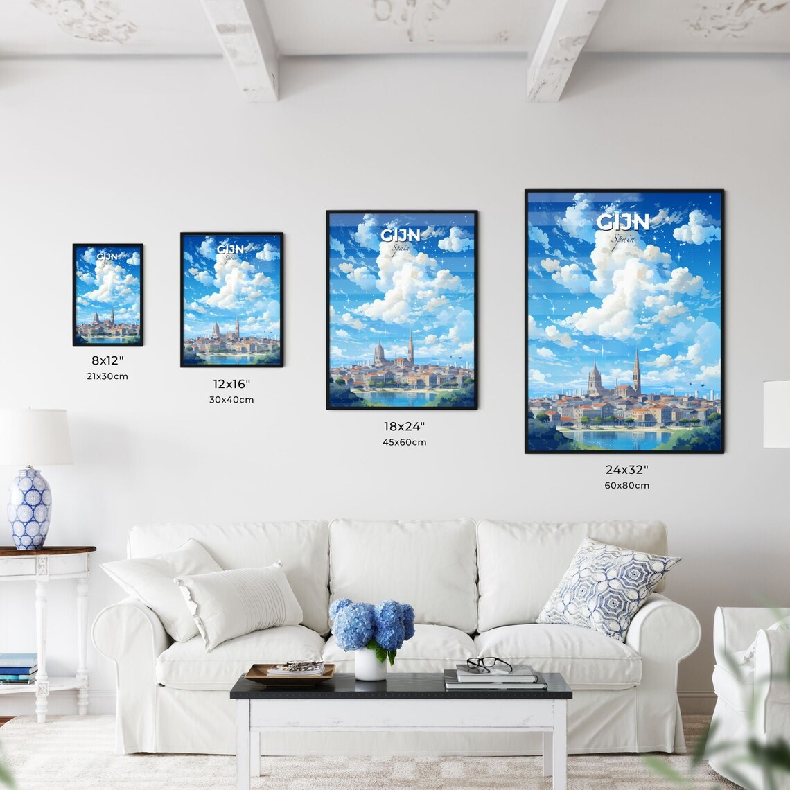 Gijon Spain Anime Sky Church Towers Blue Skyline Travel Poster - Image 3