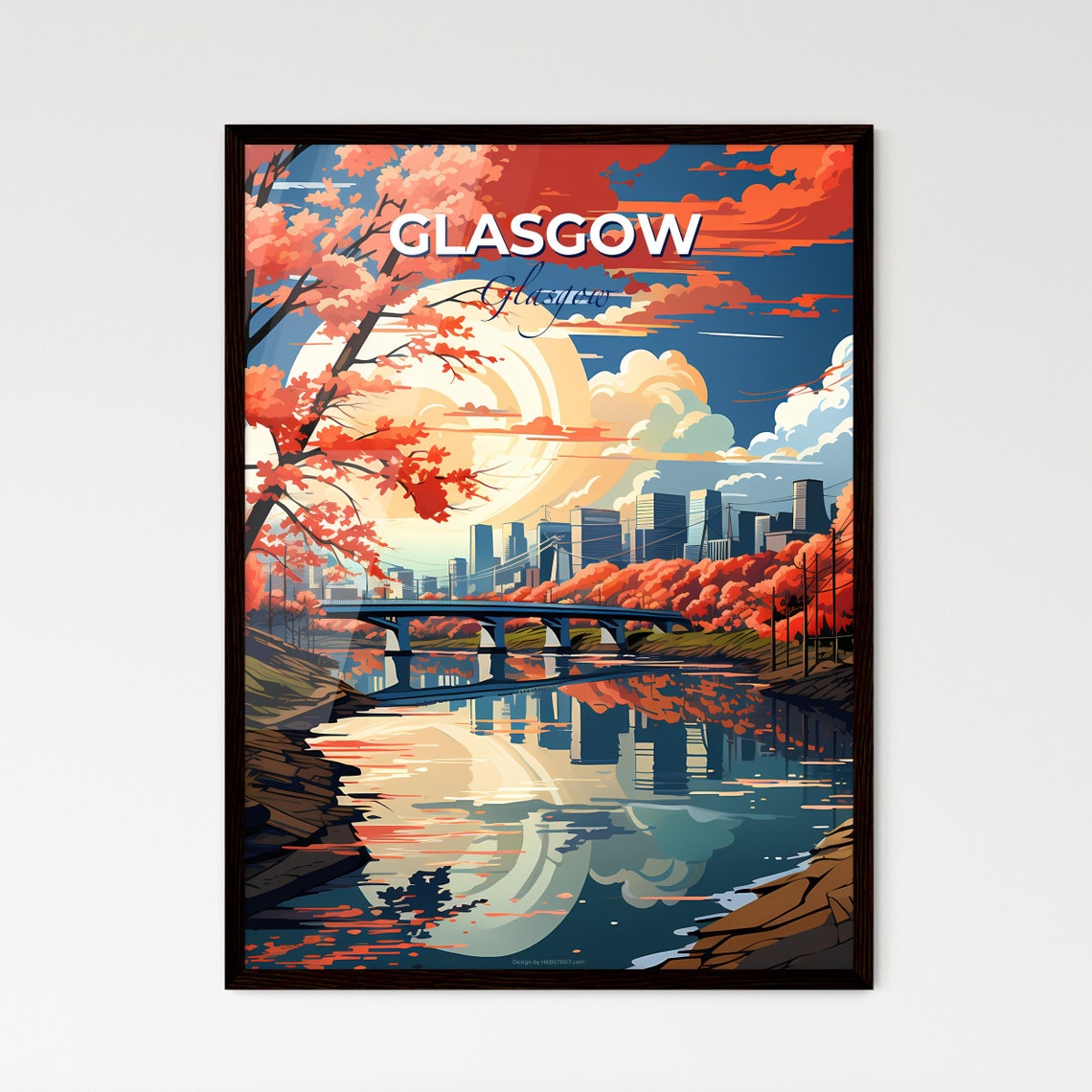 Glasgow Scotland Autumn River Bridge Skyline Vintage Travel Poster