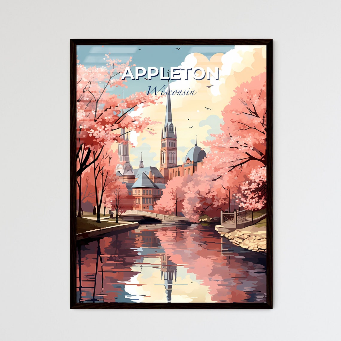 Appleton Wisconsin Cherry Blossom River Church Spires Art Poster