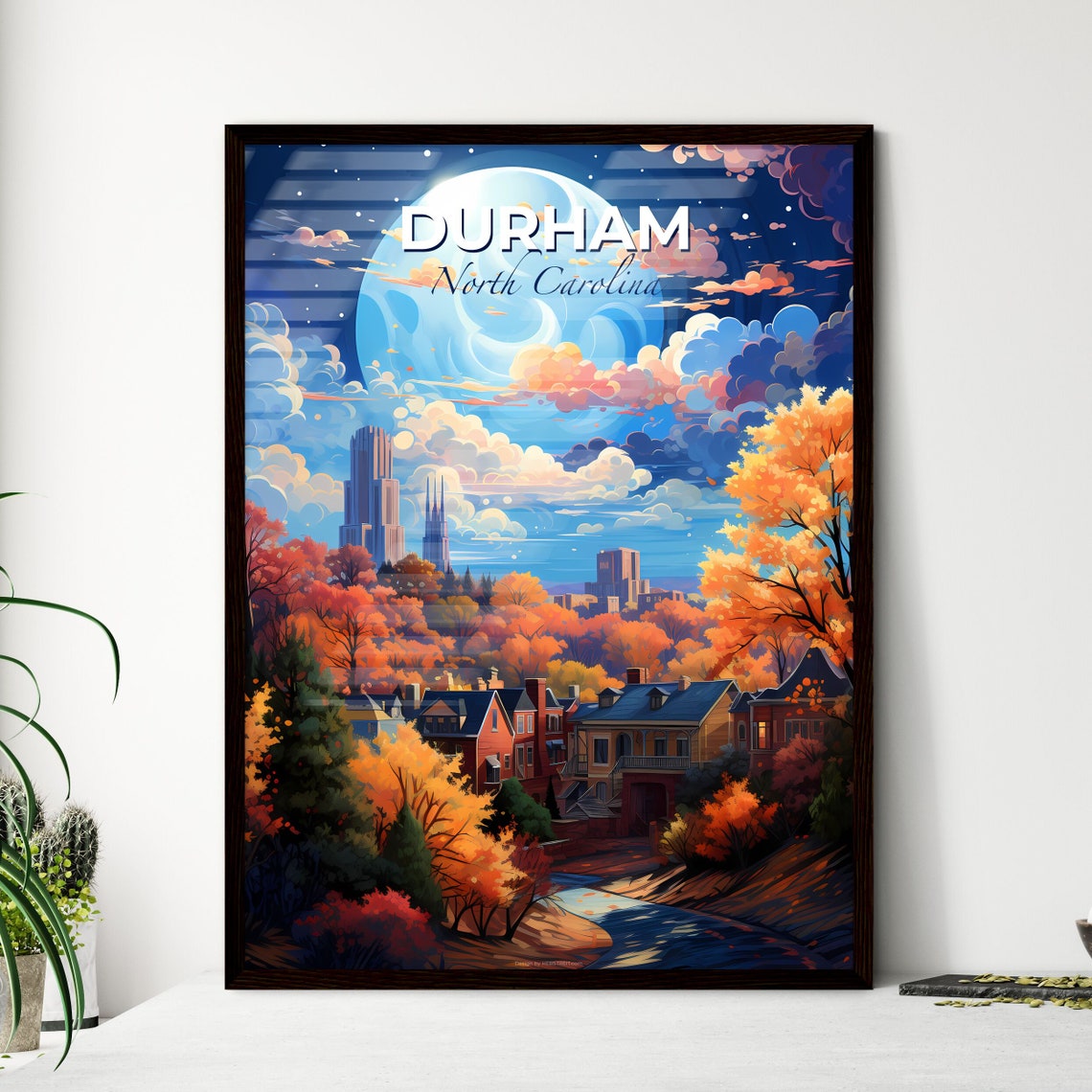 Durham North Carolina Full Moon Autumn Night City Skyline Poster